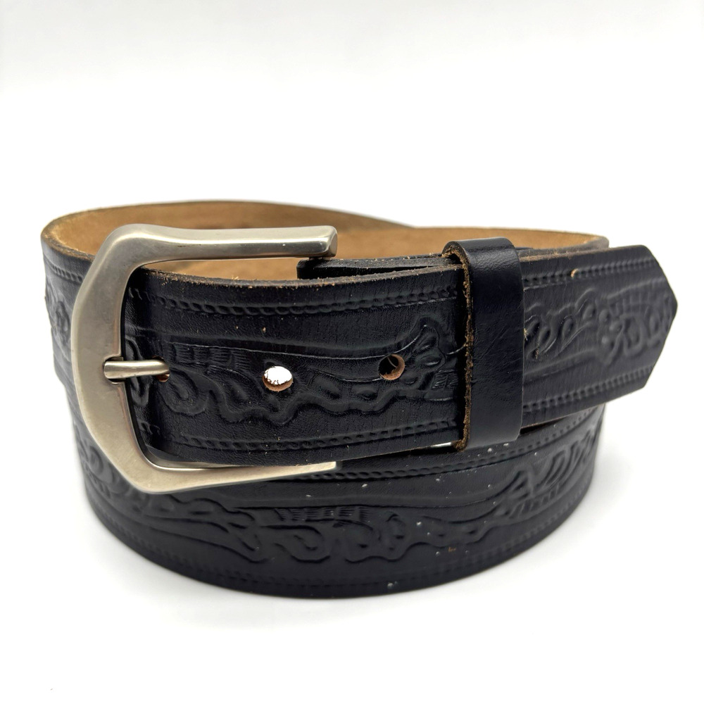 1970s Levi's 2235 Black Steerhide Floral Scrollwork Tooled Belt 34 Made in USA